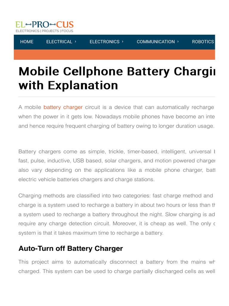 Mobile Battery Charger Circuit and Working Principle PDF Battery