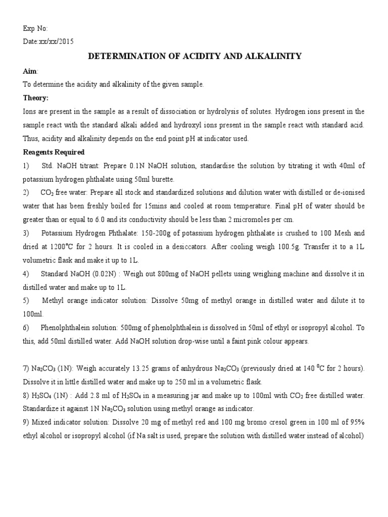 Acidity and Alkalinity Test Procedure | PDF | Titration | Chemistry