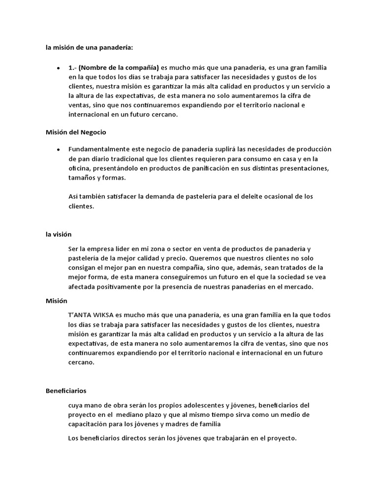 Misión y Visión de T’anta Wiksa | PDF | Panes | Producto (Negocio)