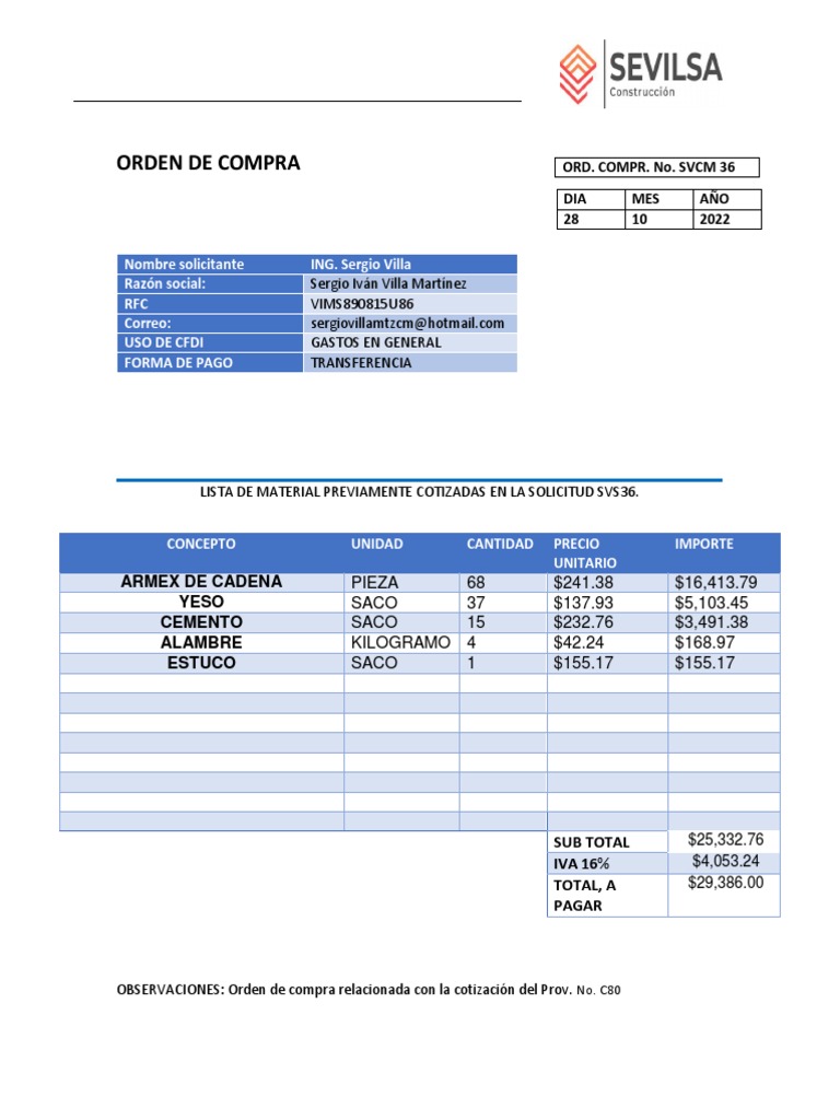 Orden de Compra SVCM 36 - Materiales 2022 | PDF