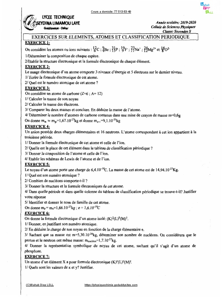Exercices sur atomes et ions en seconde | PDF | Atomes | Noyau atomique