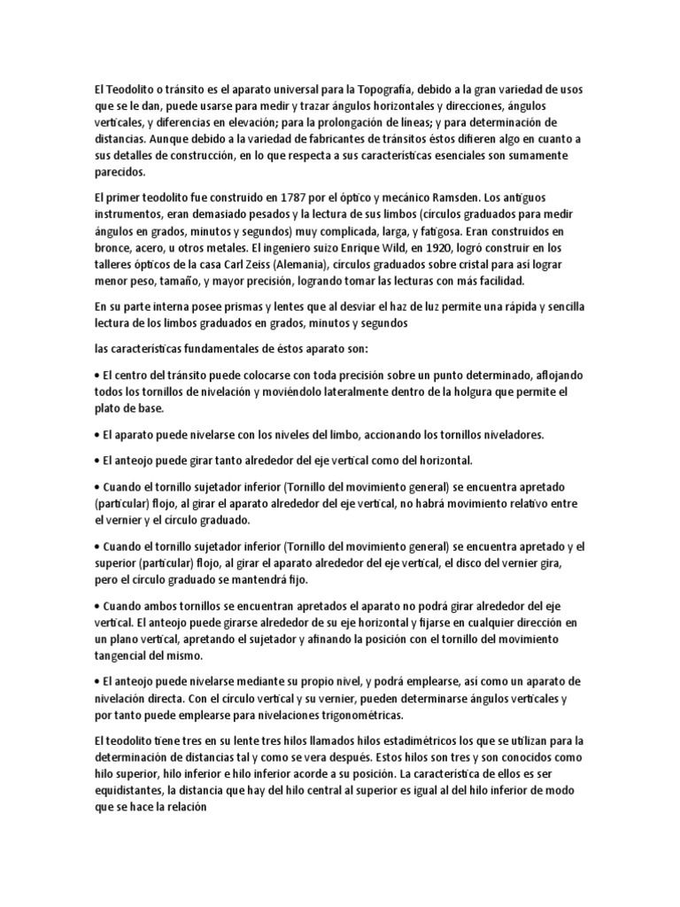 Teodolito: Instrumento clave en topografía | PDF | Equipo | Óptica