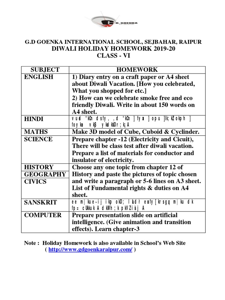 Diwali Holiday Homework 2019 Class Vi Pdf