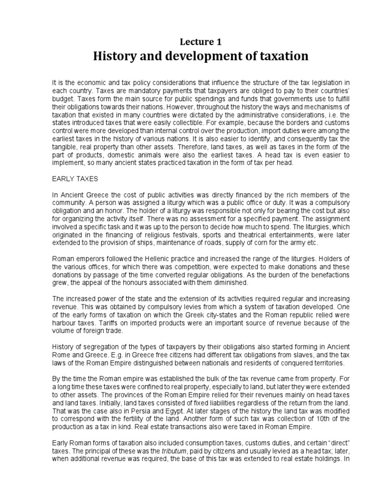 1 History and Development of Taxation PDF Taxes Roman Empire