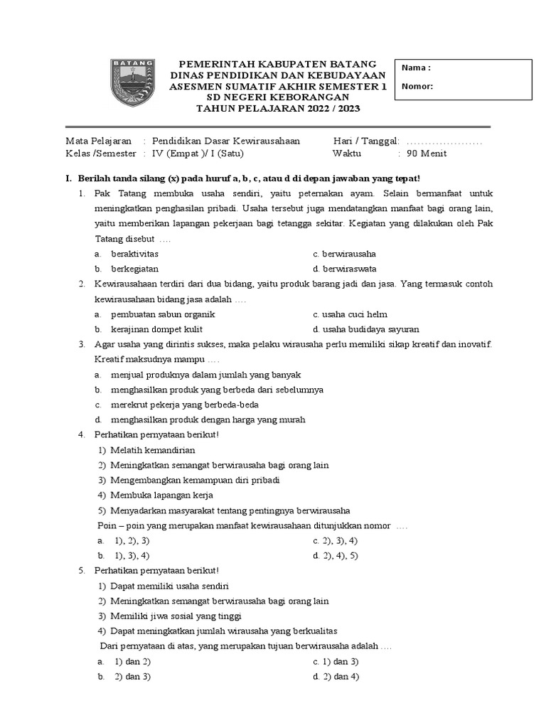 Sumatif kewirausahaan kls 4 smt 1 2 for merge pdf