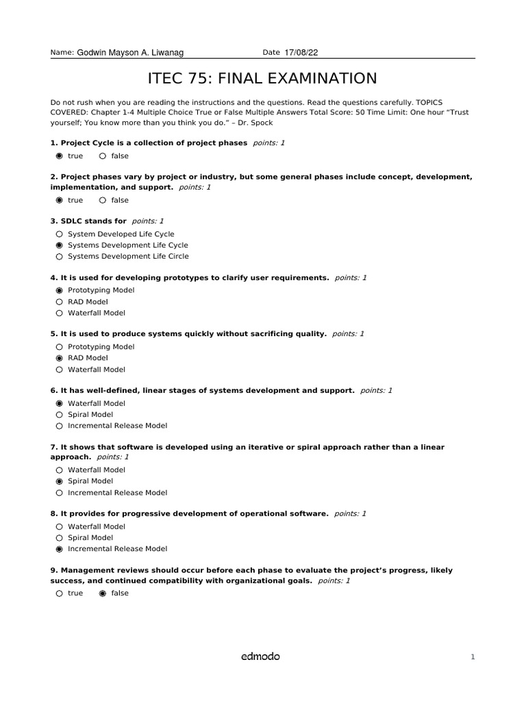 Itec 75 Final Exam Overview Pdf Software Development Process System