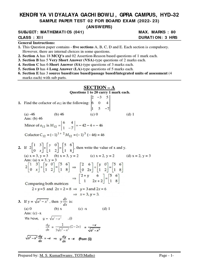 Mathematics Sample Paper for XII Board Exam | PDF | Matrix (Mathematics ...