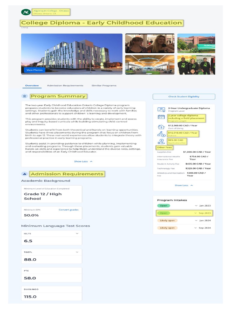 College Diploma Early Childhood Education Algonquin College (Ottawa