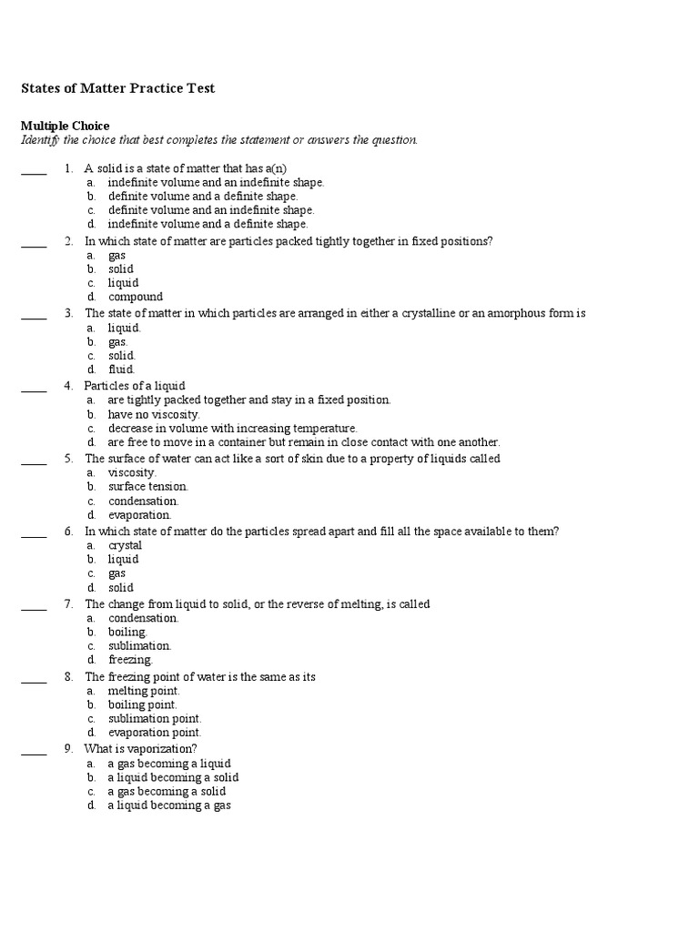States of Matter Practice Test | PDF