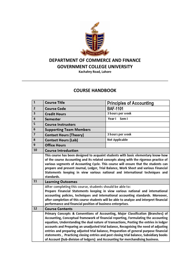 Principles of Accounting Course Outline Based On Weekly Lectures | PDF ...