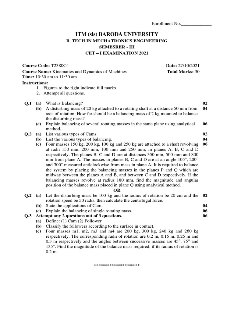 Kinematics and Dynamics of Machines Exam Questions on Balancing of Rotating Masses, Types of
