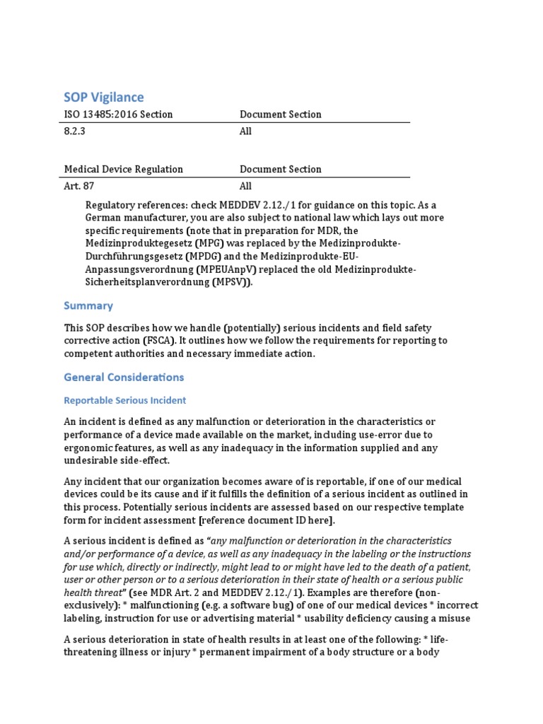 Sop Vigilance PDF Medical Device Health Sciences