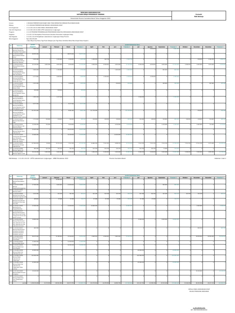 Rencana Anggaran Kas Satuan Kerja Perangkat Daerah Formulir RAK Belanja ...