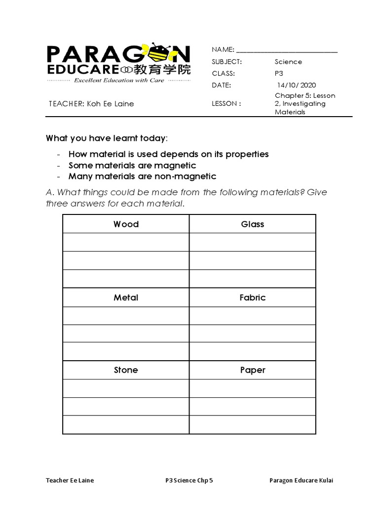 p3 Chapter 5 Worksheet 2 PDF Materials Building Materials
