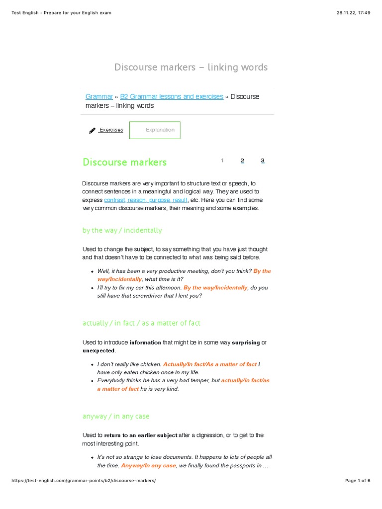 Grammar B2 Grammar Lessons and Exercises Discourse Markers Linking