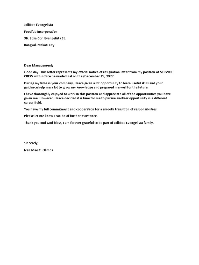 Jollibee Resignation Letter Template | PDF
