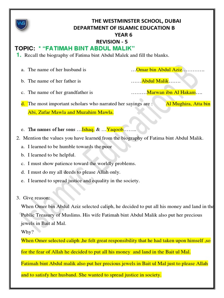 Biography of Fatima bint Abdul Malik | PDF