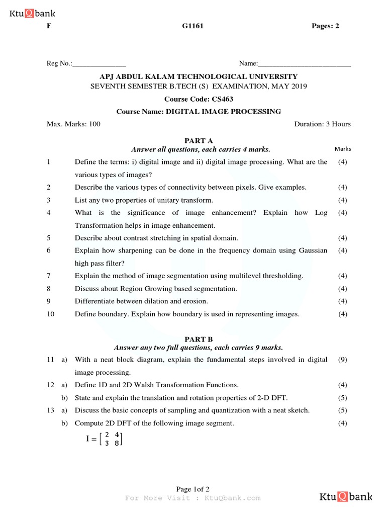 May 2019 CS463 Digital Image Processing Ktu Qbank PDF Digital Signal Processing Optics