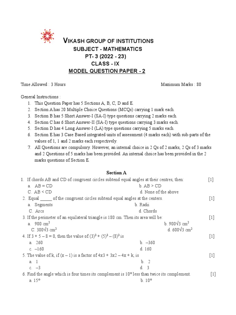 Class IX, Mathematics, Model Question Paper (PT 3) PDF Triangle