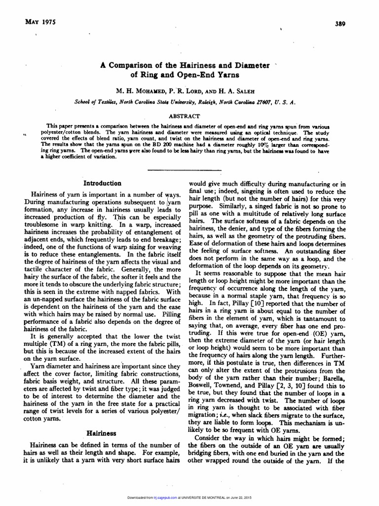A Comparison of The Hairiness and Diameter of Ring and OpenEnd Yarns