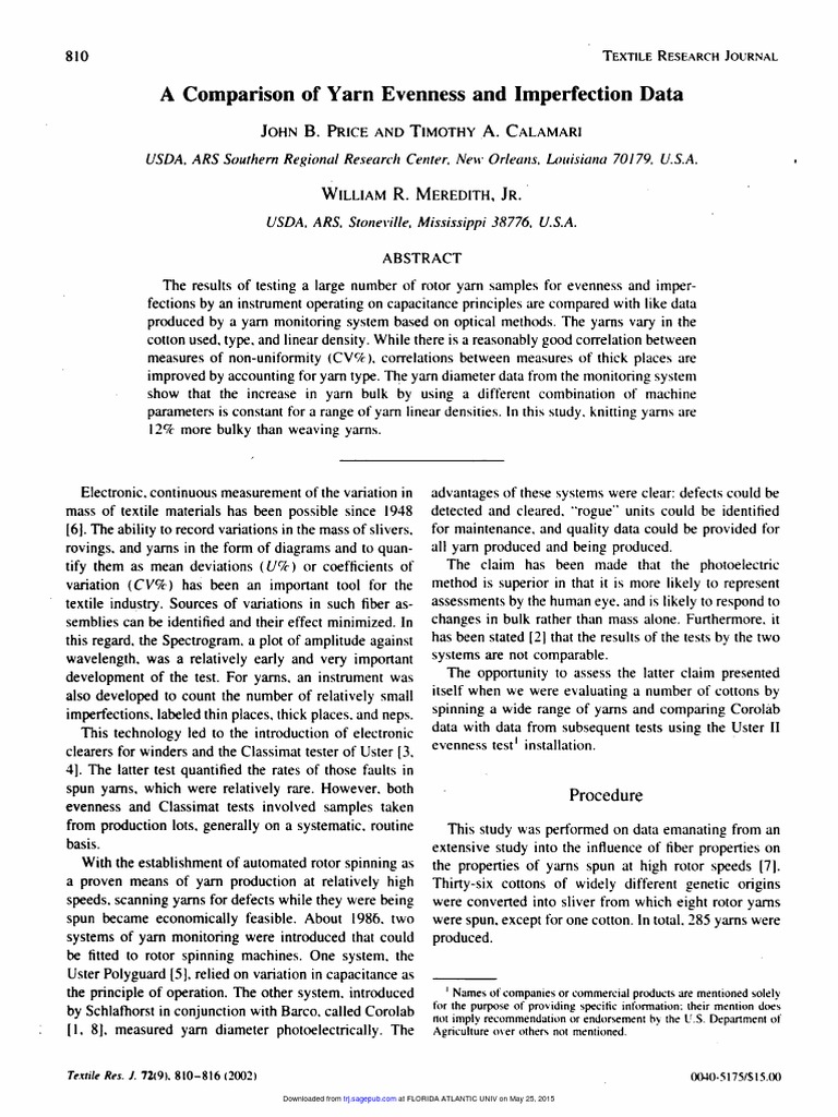 A Comparison of Yarn Evenness and Imperfection Data PDF Yarn