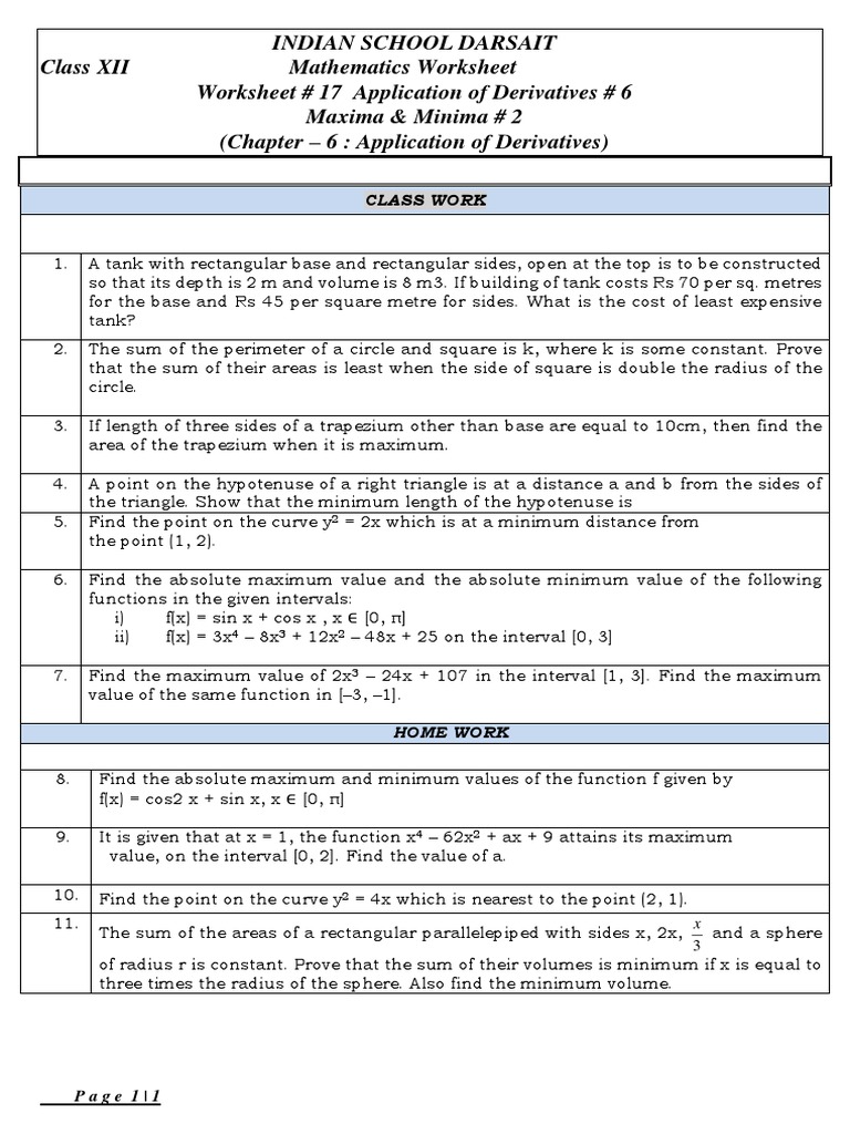 Maxima and Minima Applications Worksheet | PDF | Maxima And Minima | Area