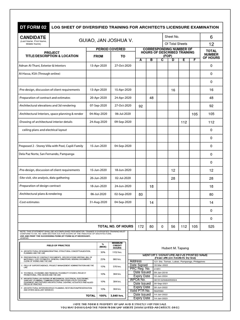 DT Form 02: Architect Training Log | PDF