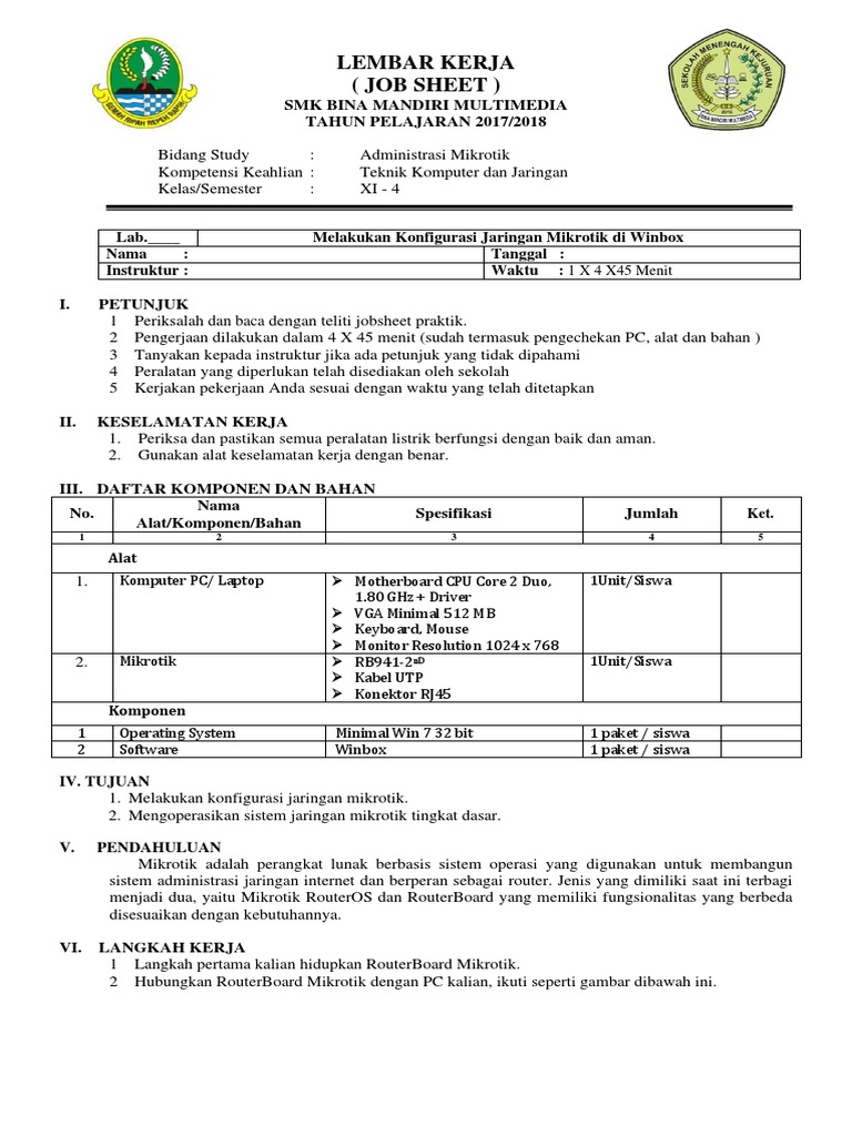 Job - Sheet - TKJ Mikrotik - Dasar | PDF