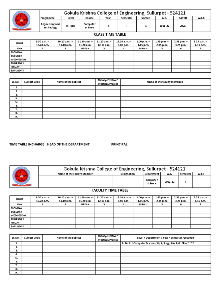 Template Revised Time Table Model For Naac PDF Academic Term