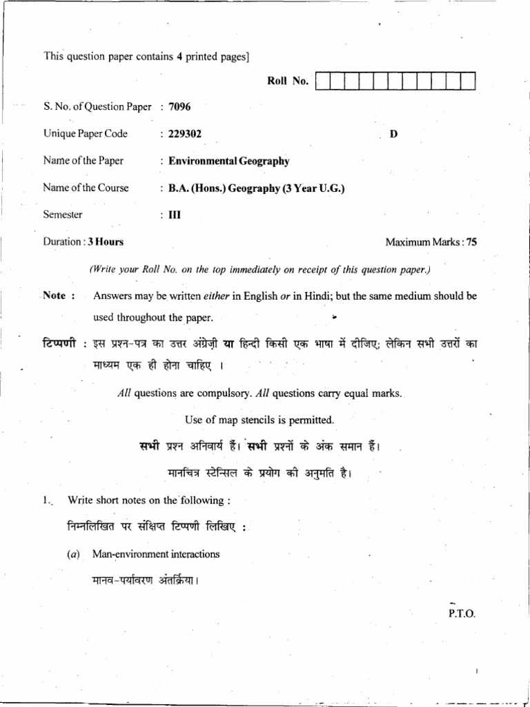 B A Hons Geography 3 Year U G Envirimantal Geography Sem Iii