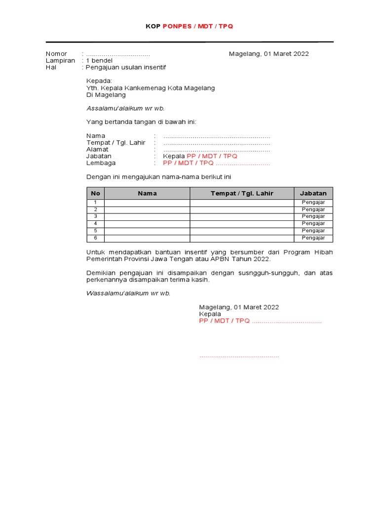 Lampiran Pengajuan Insentif | PDF
