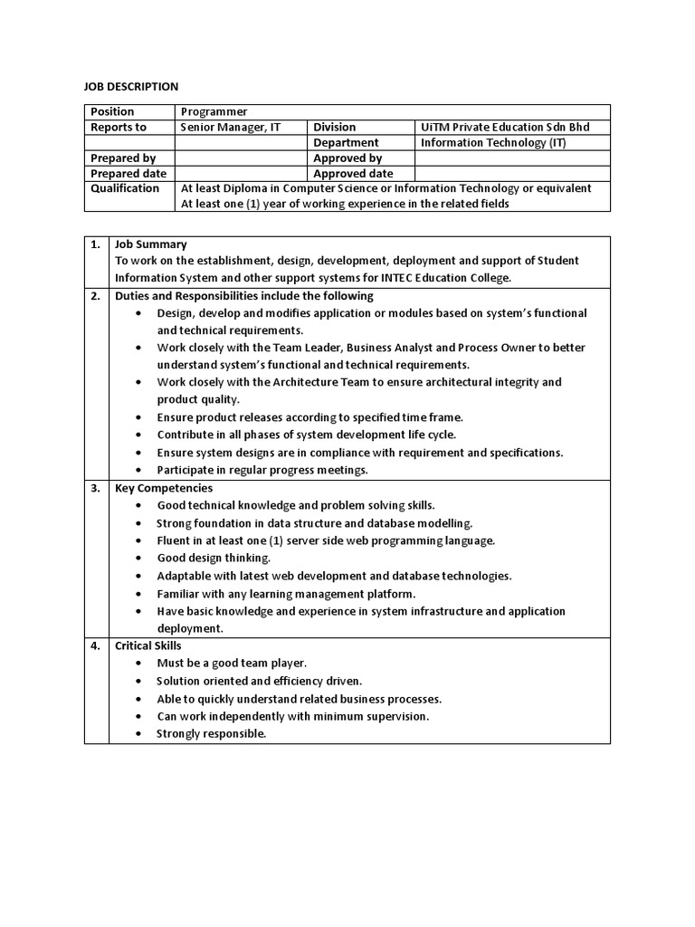 Job Description Programmer (Replacement) | PDF | Information Technology ...