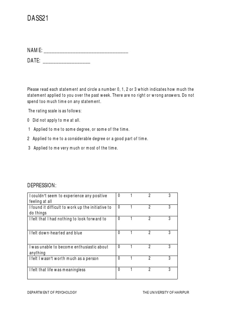 DASS21: Depression, Anxiety, Stress Scale | PDF | Anxiety | Stress ...