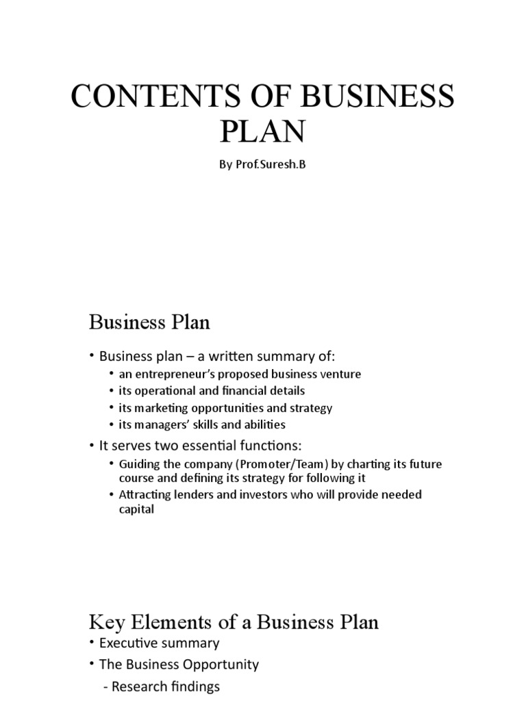 explain the contents of business plan