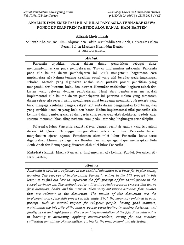 Implementasi Nilai Nilai Pancasila Terhadap Siswa Pondok Pesantren