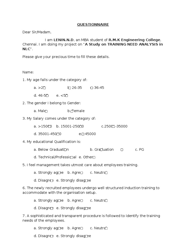 Training Needs Analysis Questionnaire | PDF | Psychological Concepts ...