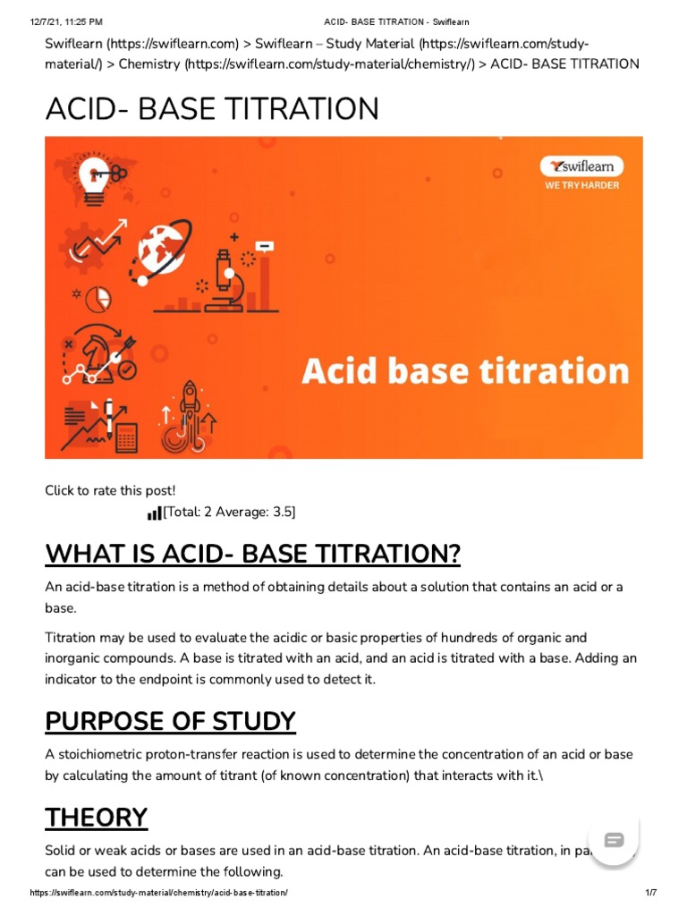 ACID BASE TITRATION Swiflearn PDF Chemistry Titration