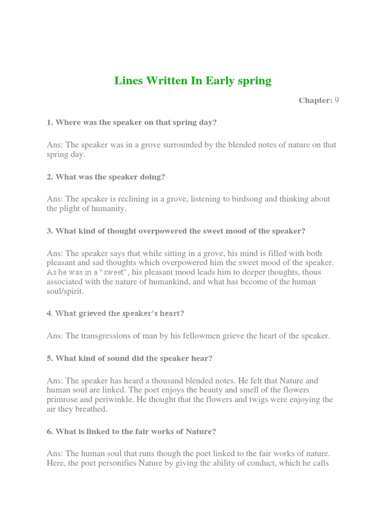 Lines Written In Early Spring Activities