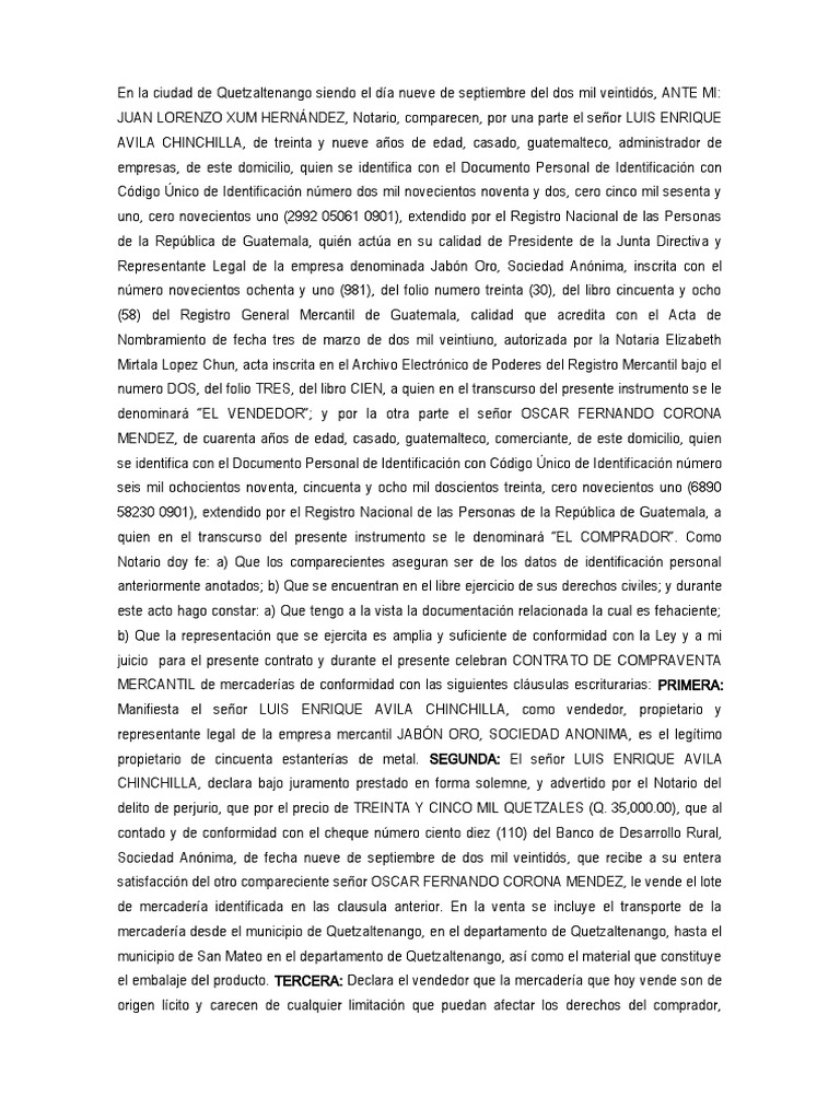 Contrato de Compraventa Mercantil JL | PDF | Guatemala | Justicia