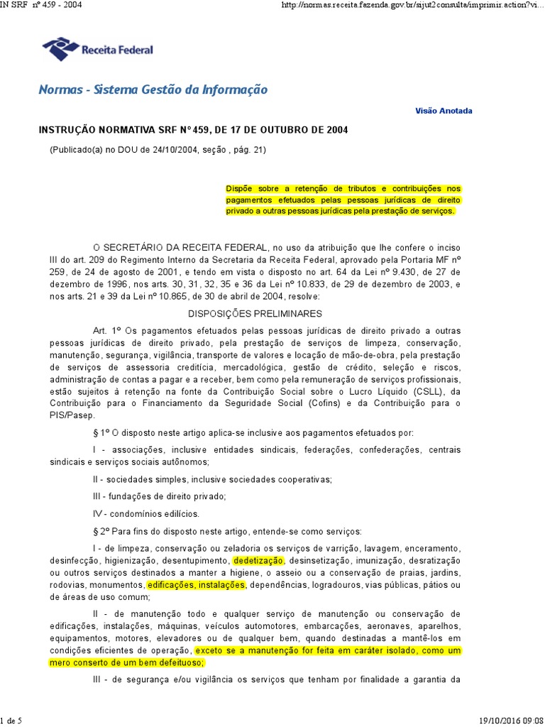 IN 459 de 2004 Retencoes Federais | PDF | Impostos | Economias