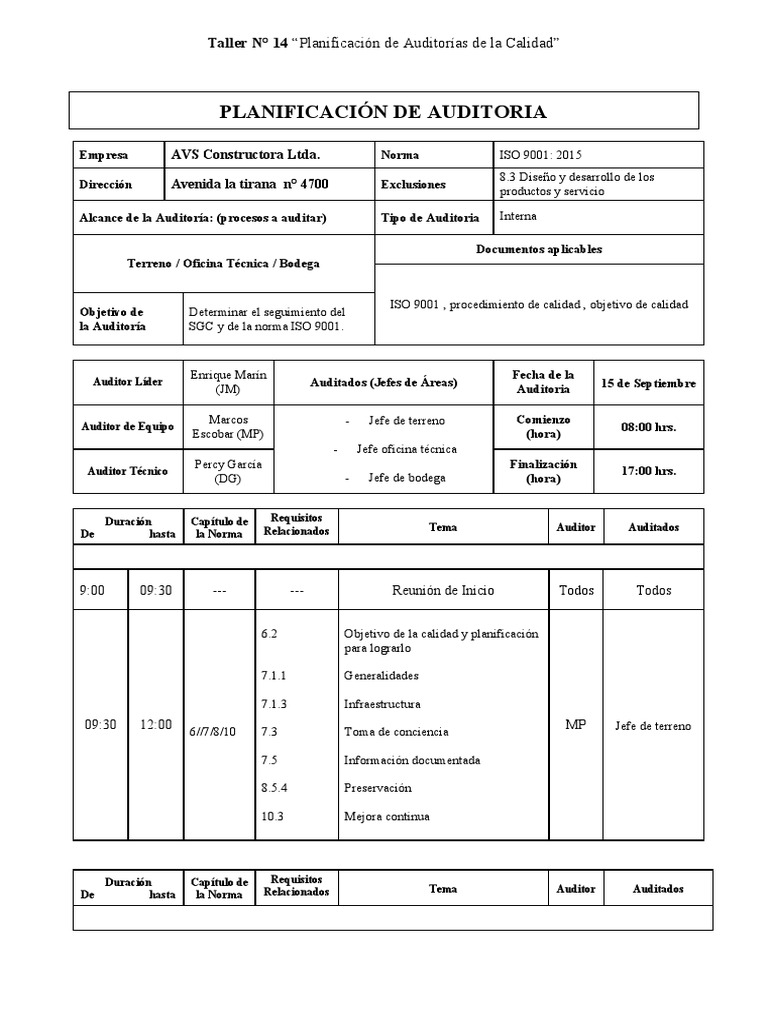 Taller #14 Planificación de La Auditoria | PDF | Auditoría | Planificación