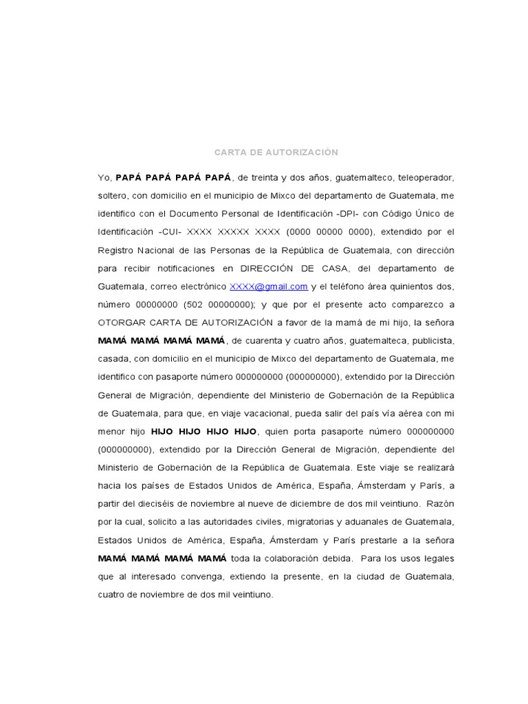 Carta De Autorización Para Que Viaje Un Menor De Edad Descargar