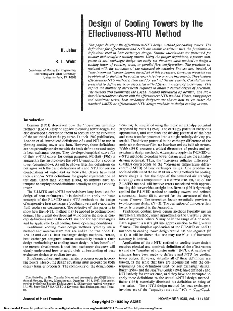 Design of Cooling Towers by The NTU | PDF | Heat | Enthalpy