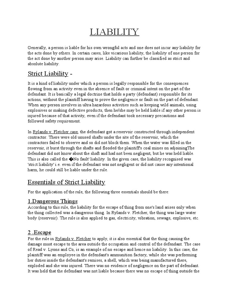 An InDepth Examination of the Principles of Liability, Strict Liability, Vicarious Liability