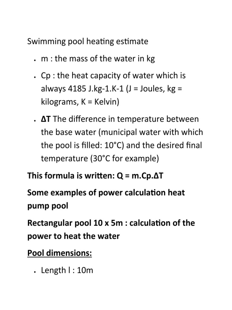 Swimming pool heating estimate PDF Heat Water
