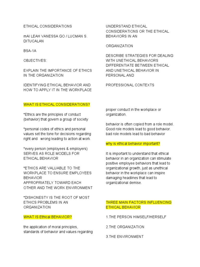 Understand ethical considerations and behaviors PDF Team Building