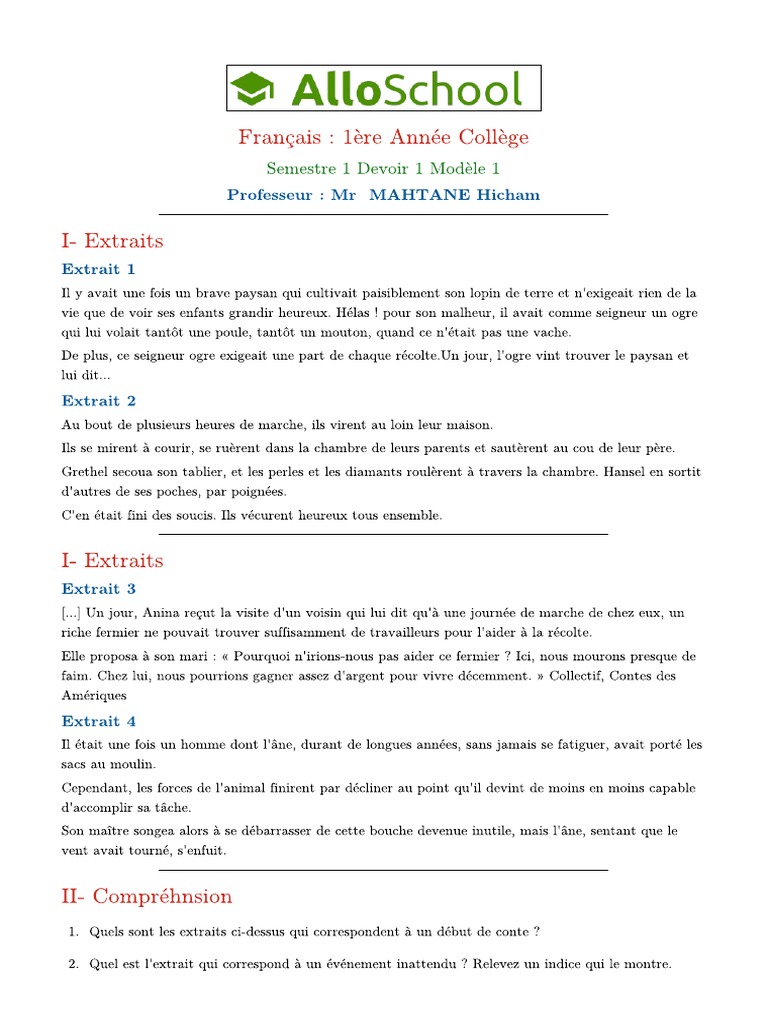 Francais 1ac Semestre 1 Devoir 1 Modele 1 | PDF