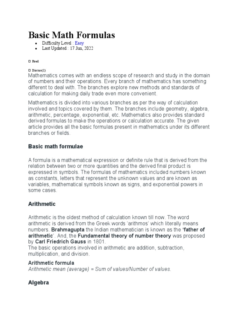 Basic Math Formulas | PDF | Area | Mathematics