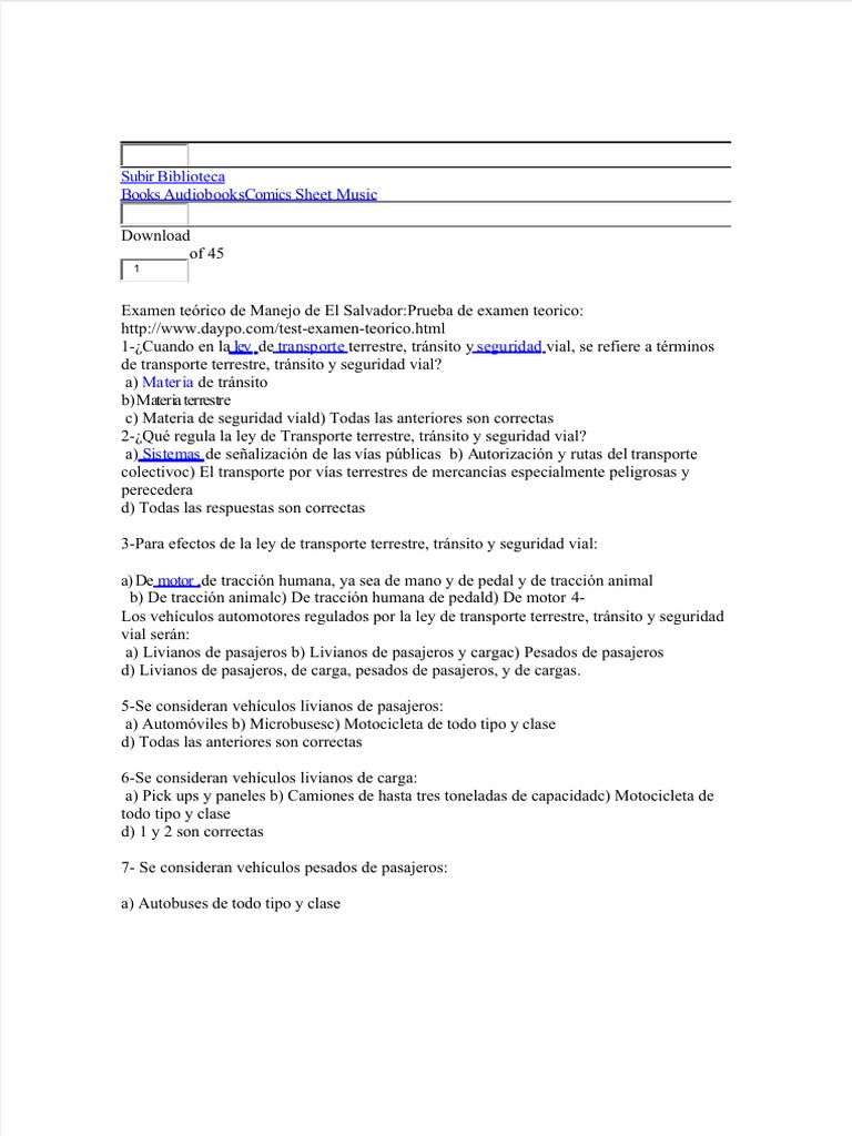 Fdocuments Es Examen Teorico Manejo El Salvador PDF Transporte