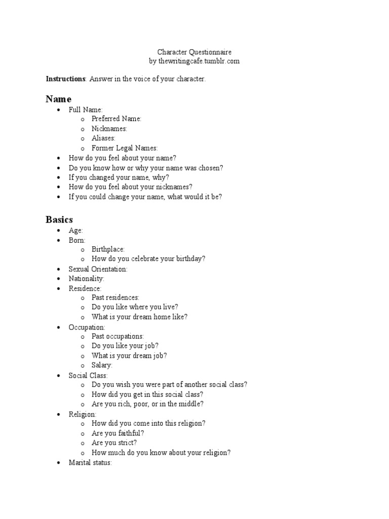 Character Questionnaire | PDF | Family | Mental Disorder